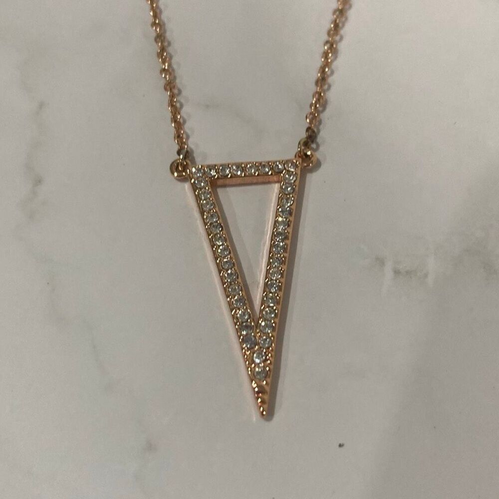 Rose Gold Tone Rhinestone Triangle Pendant Necklace Adjustable 15-18" - Picture 2 of 4